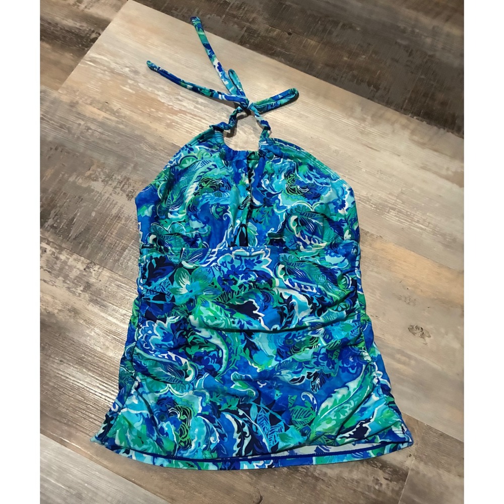 Lauren Ralph Lauren Blue Green Paisley Halter Tankini Swim Top Ruched Bodice
